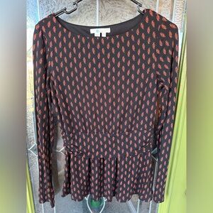 Boden Women’s Size 6 Black Orange Floral Long Sleeve Peplum Y2K Blouse Cottage